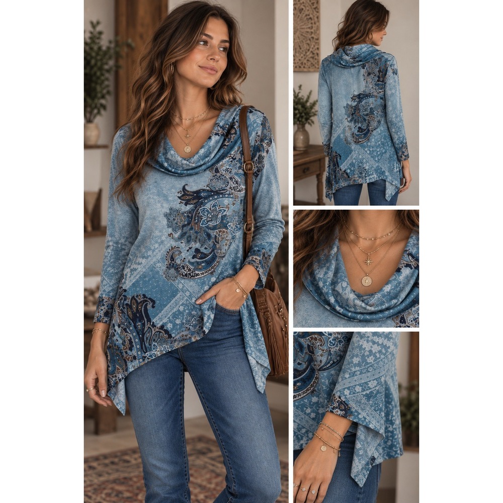 New Womens S Blue Paisley Cowl Neck‎ Tunic Top Asymmetrical Boho Lagenlook